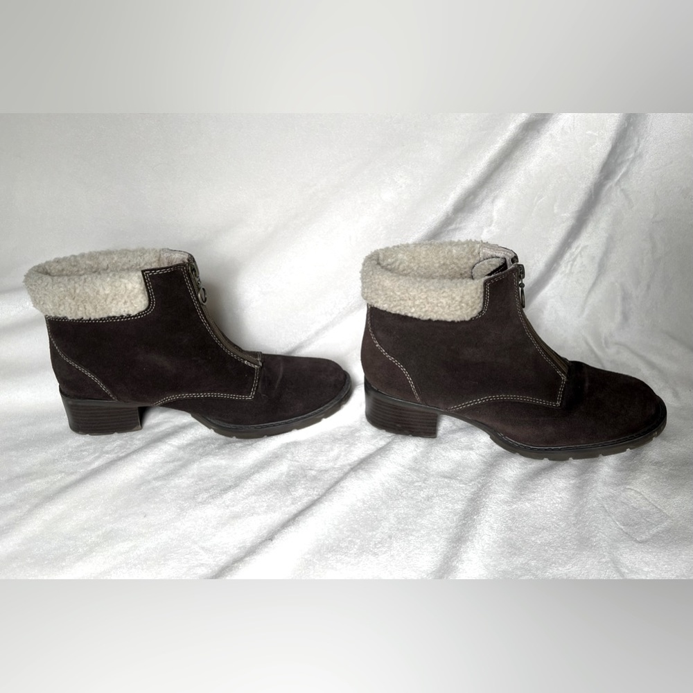 SPORTO “Sofia” Brown Suede Ankle Boots Booties Faux Fur w/ front zipper
